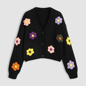 Cider Knit V-Neck Buttons Flowers Sweater